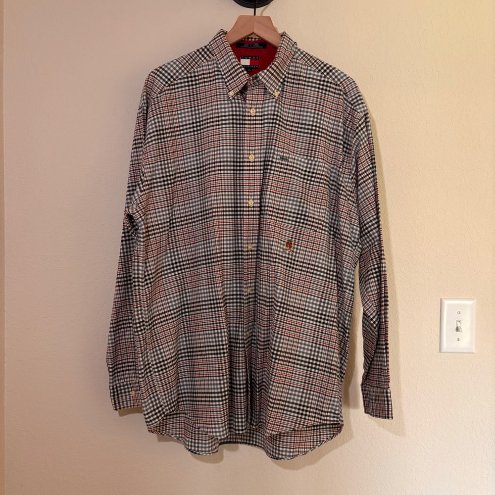 Tommy Hilfiger Vintage Button Down Shirt L 100% Cotton Plaid Preppy Classic